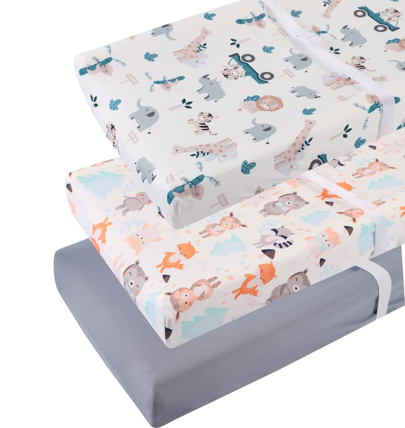 Tontukatu Changing Pad Cover Set 3 Pack Jersey Knit Ultra Soft for Baby Boys Girls Elephant Tiger/Fox/Grey - Image 1